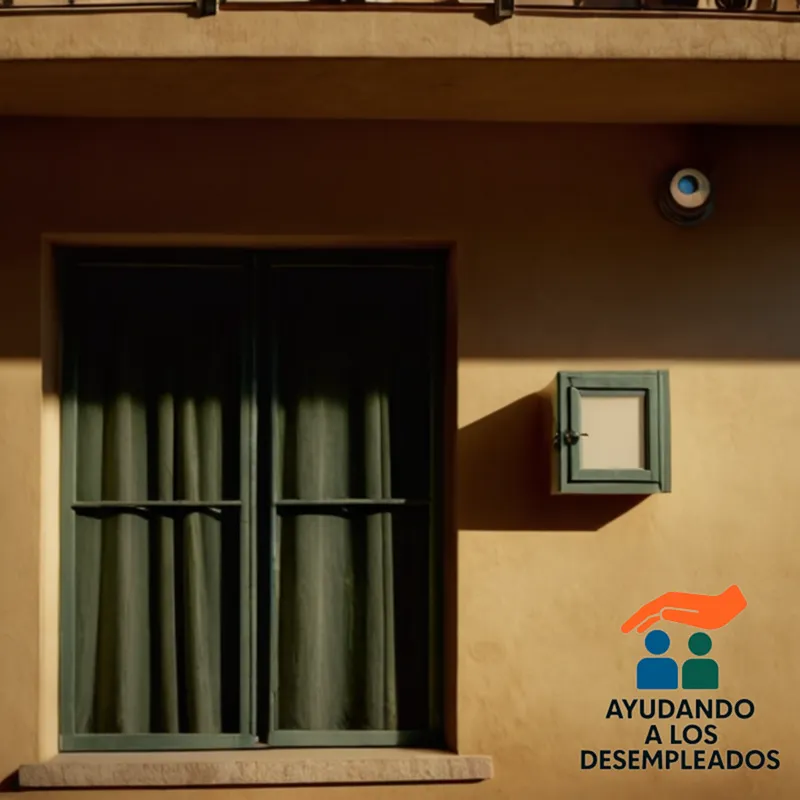 a worn and weathered residential facade in Spain's suburbs, featuring a prominent mortgage sign next to an apartment door, with a faint expression of worry on its owner's face through the peephole.