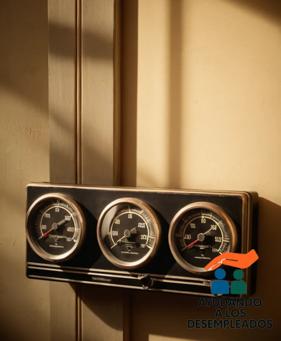 A close-up of a thermostat on an old-fashioned wall-mounted meter, partially hidden by a worn-out beige radiator cover, in a dimly lit room with faint shadows, implying energy-saving measures implemented during economic recession.
