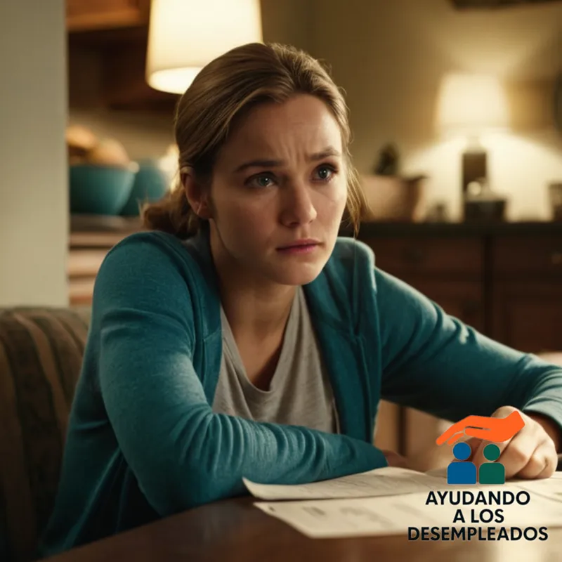 A close-up of a concerned-looking young adult, surrounded by stacks of unpaid bills and eviction notices, sitting at a cluttered kitchen table amidst a dimly lit, modest living room, with a worn-out couch in the background, highlighting the desperation of making rent payments on an unemployment benefit.
