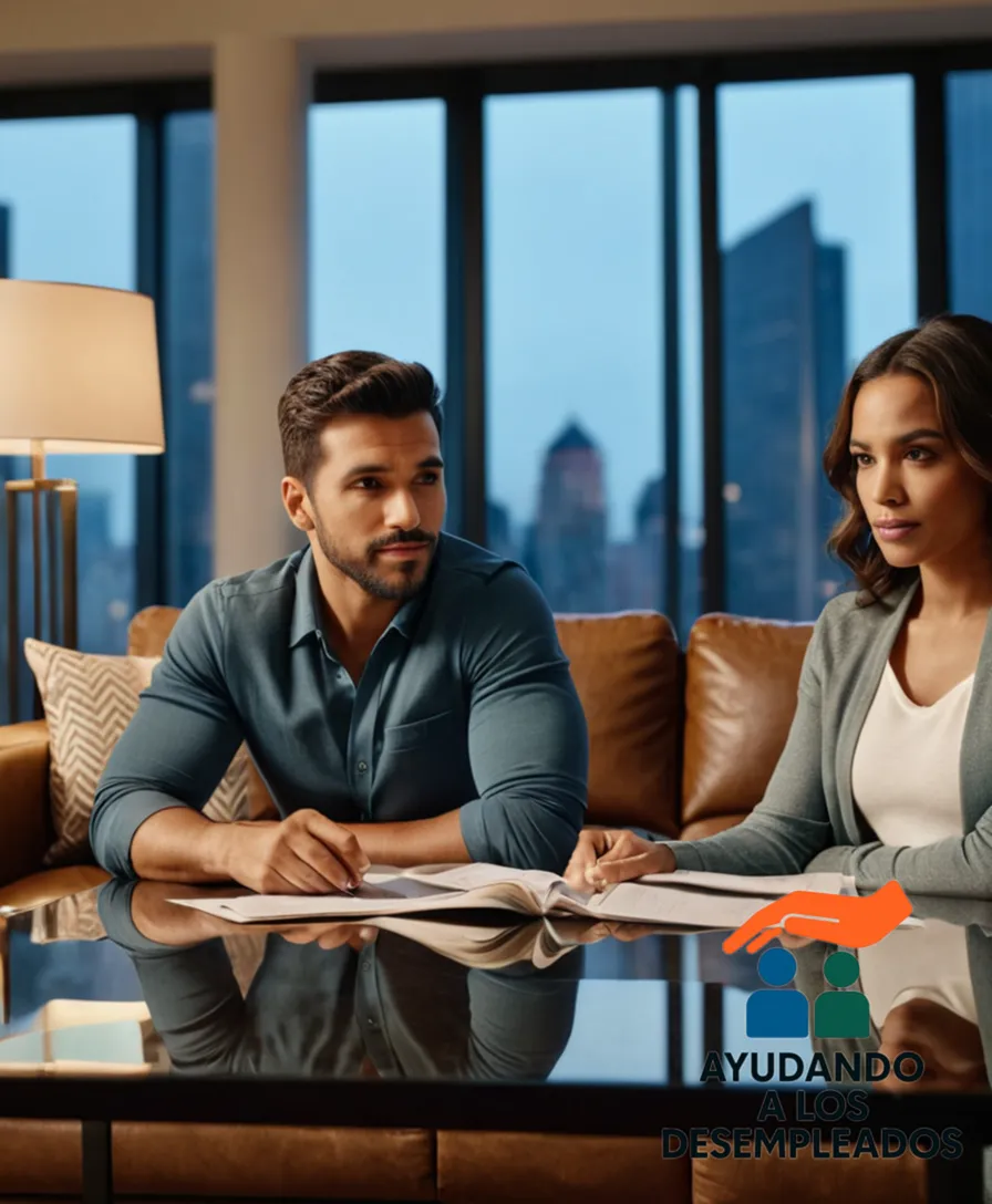A modestly furnished living room with a young Latino couple in their early 30s sitting on a couch, surrounded by cityscape windows, while holding a stack of utility bills and financial documents amidst a cluttered coffee table, underlining the struggle to afford housing with limited contributive benefits.