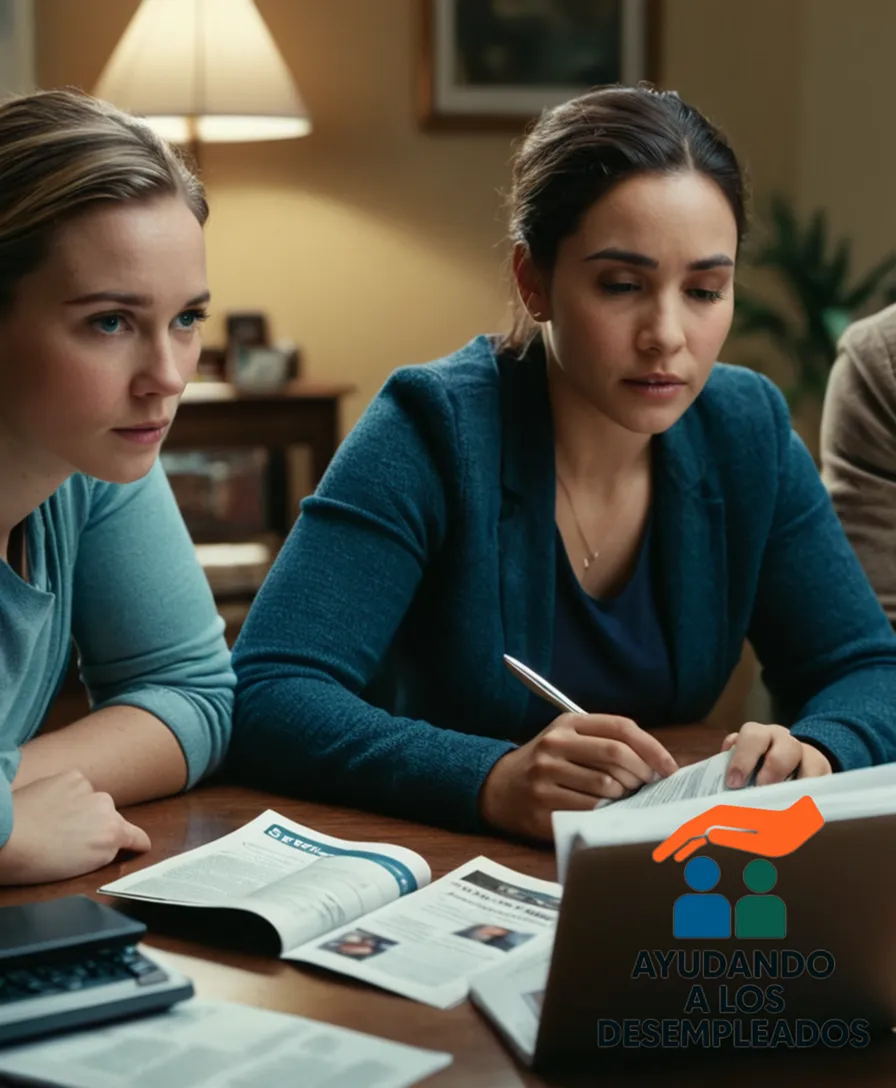 three exhausted yet determined individuals in a small, cluttered living room, surrounded by stacks of unpaid bills and fading photos on the walls, where two people sit slumped together next to an open laptop and a financial aid pamphlet laid out before them.
