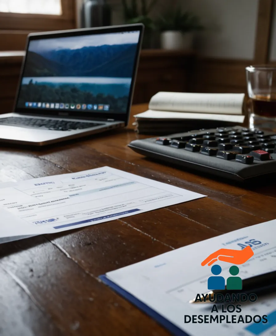 A close-up of a worn wooden desk in a cluttered home office, with a bank settlement document prominently displayed next to an open laptop and a calendar marked with missed payments, as a sense of desperation settles over the exhausted homeowner in the background.