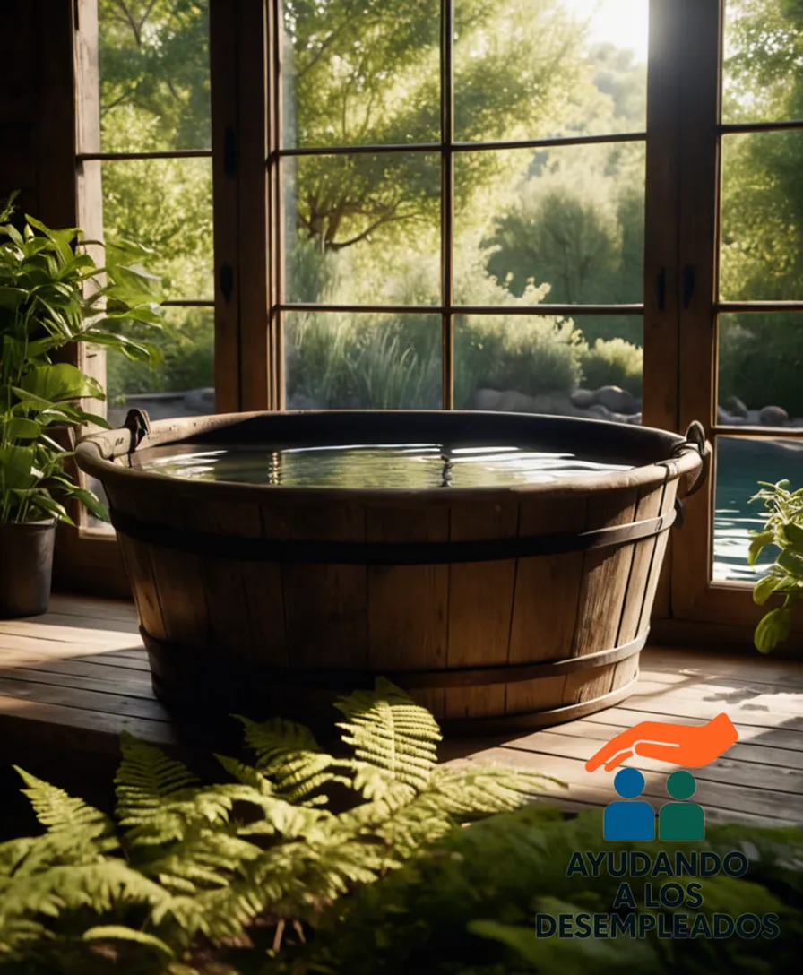 a serene pool of freshwater in a rustic wooden bucket, surrounded by lush greenery, with sunlight filtering through the trees to create a sense of calmness, and the gentle ripples on the surface reflecting the beauty of nature.