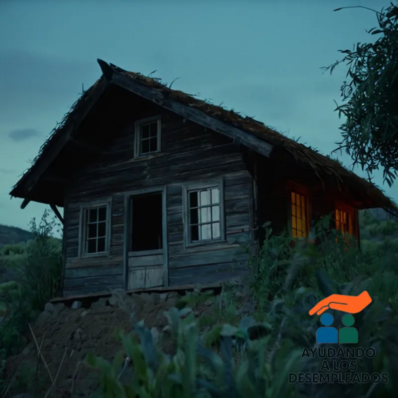 A small, worn-out wooden house with a partially collapsed roof, overgrown with vines and surrounded by dry weeds, sitting in a desolate and dusty outskirts of a city, contrasted by a faint glow of a distant urban skyline.