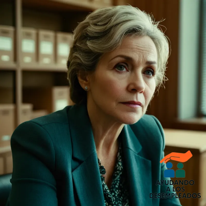 A worn-out, middle-aged woman sitting alone on a creaky wooden bench in an empty public notary office, surrounded by dusty file cabinets and faded posters of economic aid programs, her phone and financial documents scattered beside her.