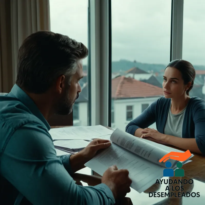 a solemn-looking family of four sitting at their dining table in a modest home, surrounded by stacks of unpaid bills and financial documents, with a distressed father holding a defaulted mortgage contract (hipoteca) while staring out the window at a bleak urban landscape under a gray sky.