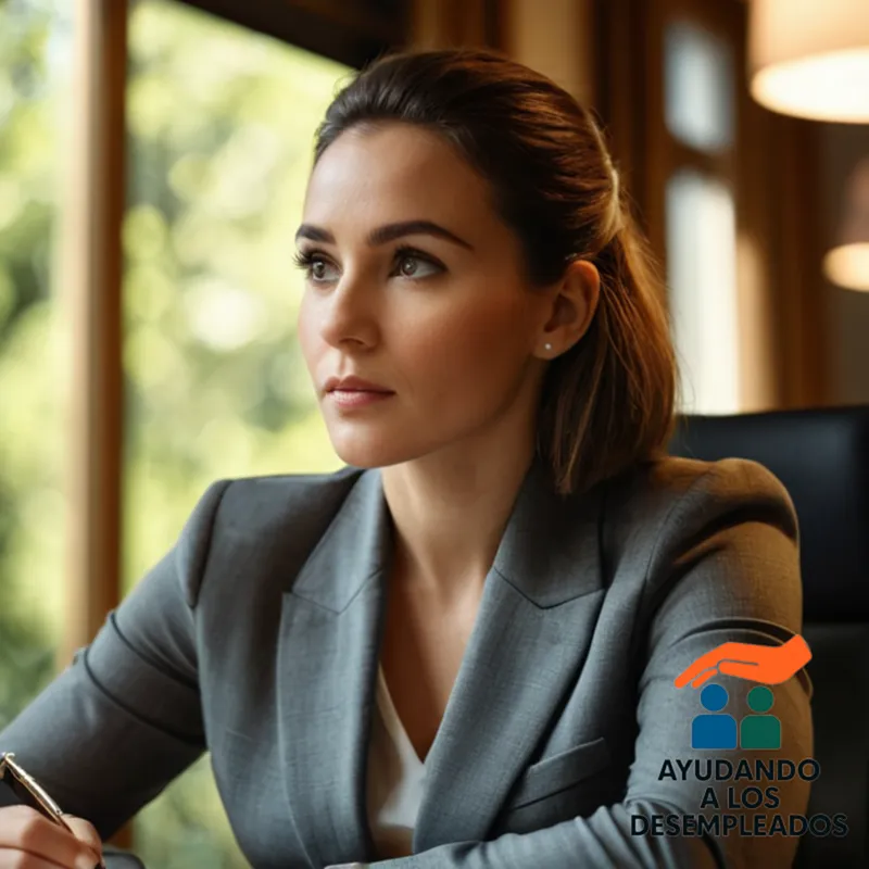 A young professional, likely in her mid-twenties, sitting at a desk with a determined expression, surrounded by motivational posters and a laptop screen displaying a budget planner, holding a notebook and pen while gazing out the window at a sunny background of trees reflecting hope and stability for financial resilience.