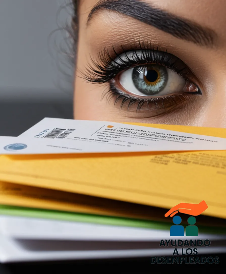 A close-up shot of a stack of unpaid mortgage bills (hipotecas) with one highlighted bill torn in half, next to an open laptop displaying a loan modification proposal on its screen, set against a gray background representing the uncertainty and financial struggle of job loss.
