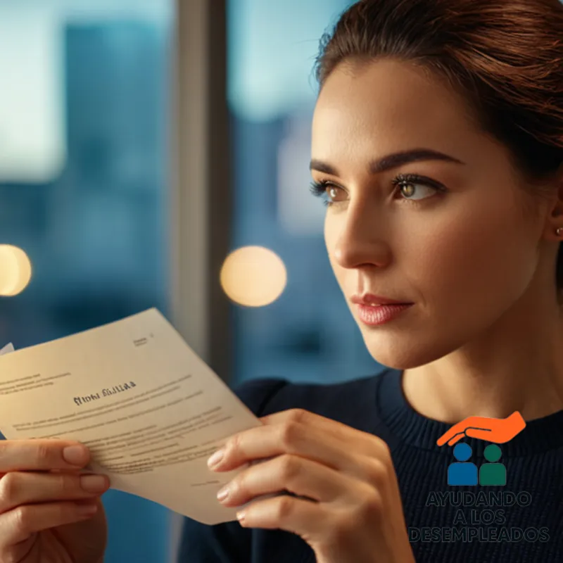 A gentle focus on a person's hands gently holding a few documents, including a mortgage contract (hipoteca) and a letter from their employer, amidst a subtle background of a cityscape at sunset, conveying the sense of uncertainty and exploration for alternatives.