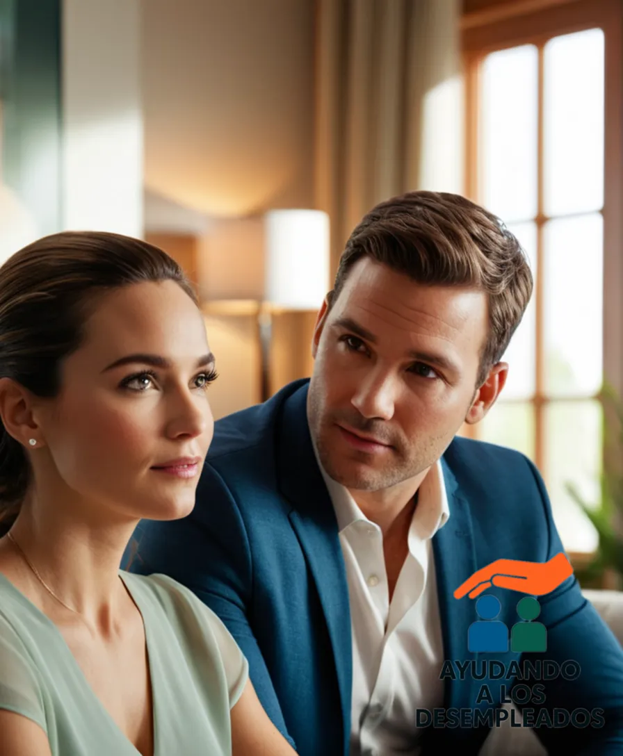 a warm and inviting living room where a young couple sits on a comfortable couch, surrounded by family photos and decorative tiles; in the background, there's a large window with natural light pouring in, where their lawyer is signing paperwork for a successfully managed mortgage with a payment moratorium.
