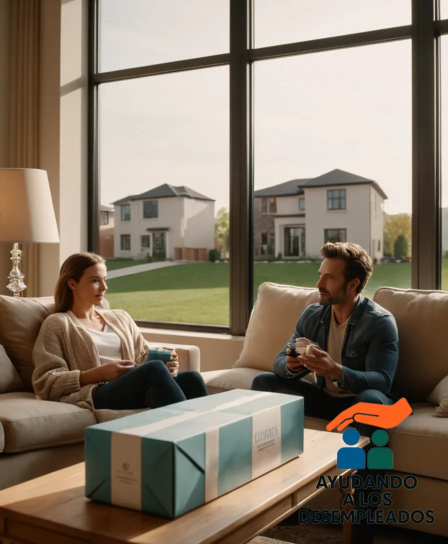 A close-up shot of a couple sitting on a worn, beige couch in a modest living room, with a stack of unpaid bills and empty food packages nearby, while behind them a partially finished house in suburban development appears through a large window, with a blurred cityscape visible outside.