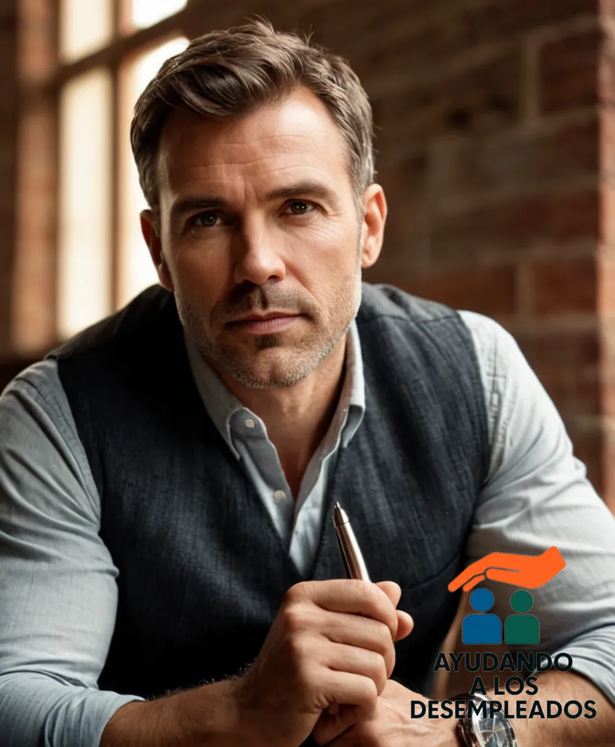 a gentle yet introspective man in his mid-30s with a melancholic expression, sitting on a worn, wooden bench in front of a partially finished wall, wearing a faded vest and holding a pen to a worn notebook, surrounded by incomplete renovation plans and paperwork.