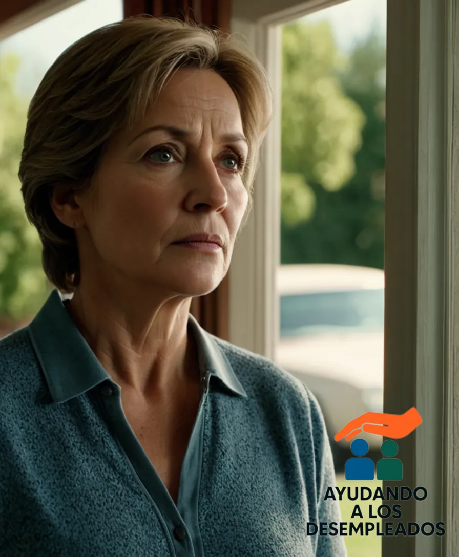 A worn, middle-aged woman in a casual outfit, standing in front of her modest suburban home, with a look of worry etched on her face as she gazes up at a poster or notice from the bank indicating foreclosure proceedings against her property.