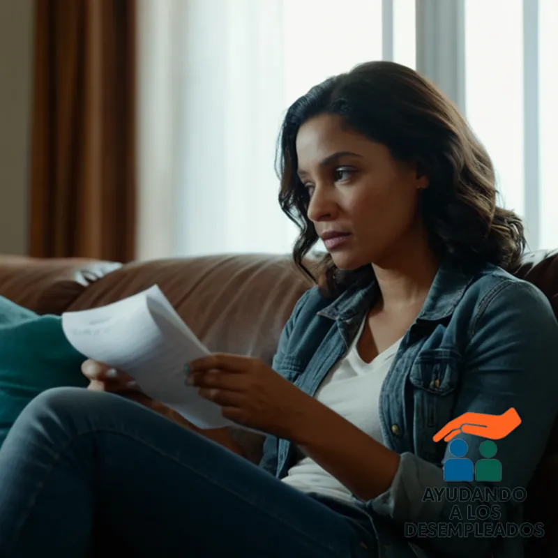 a close-up of a desempleada (unemployed person) sitting on her couch, surrounded by unpaid bills and financial papers scattered around her, with a worn-out notepad in front of her, as she gazes out the window in contemplation.