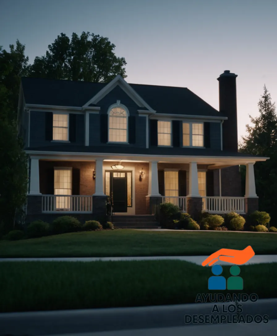 a photograph of a suburban home in an industrial city, with a foreclosure sign planted in the front lawn, its faded letters and wire rod suspended limply amidst peeling paint, while the bank's logo is prominently displayed on a nearby notice taped to the door handle.