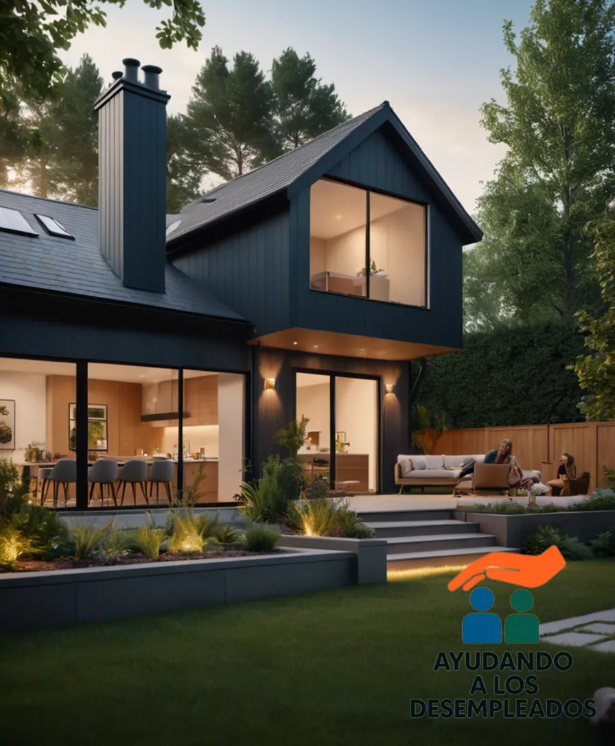 A warm and inviting photograph of a modern single-family home with a small garden in the front yard, surrounded by greenery, where a mother with a disability is smiling while standing at the kitchen windowpane, watching her children play happily together in the backyard.