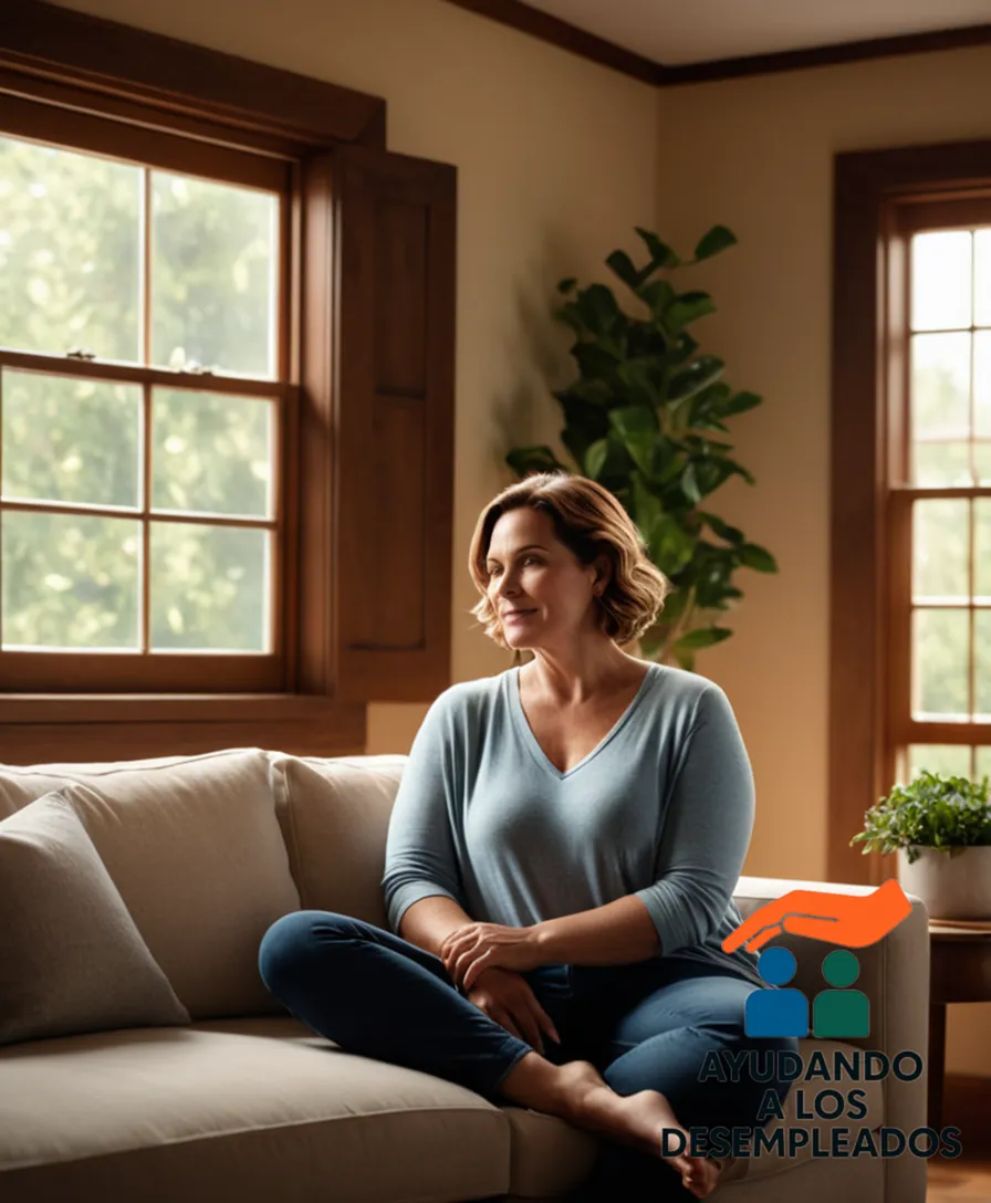 a warm and inviting small house with a moderate-sized living room, containing a woman in her mid-40s sitting on a sofa, surrounded by lush greenery outside the large window behind her, with a subtle sunlit glow and a comfortable look of independence.