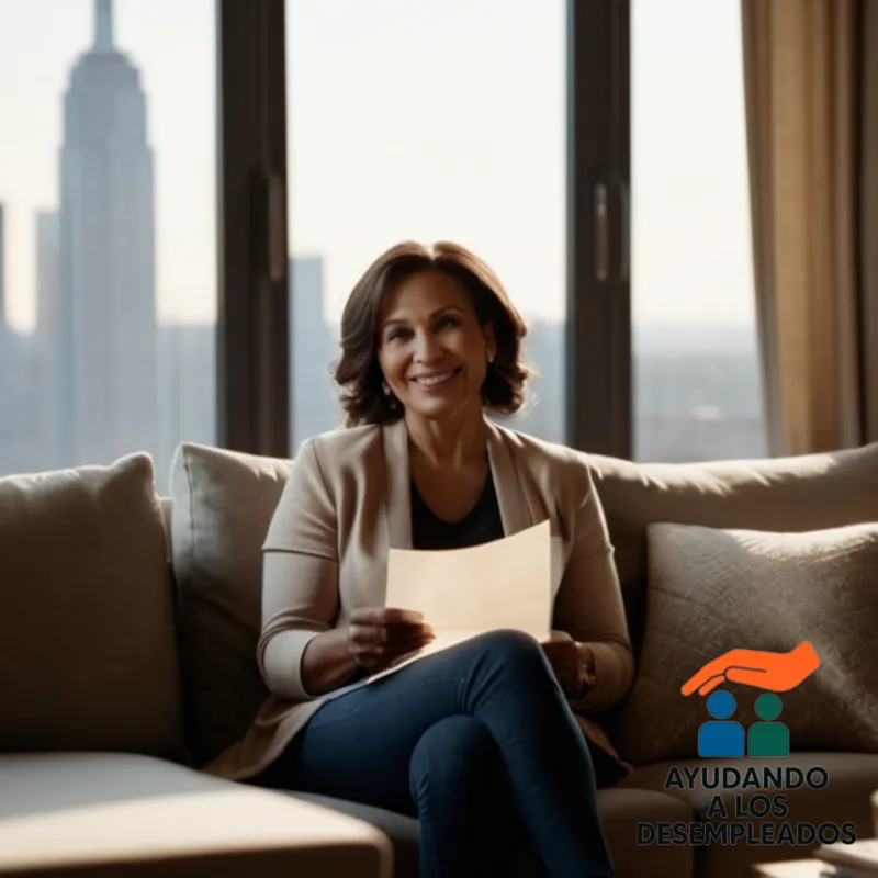 a middle-aged woman sitting on the couch of her newly subsidized apartment, surrounded by personal touches and family photos, while holding a stack of documents and smiling warmly as she looks out at a serene cityscape through the window.