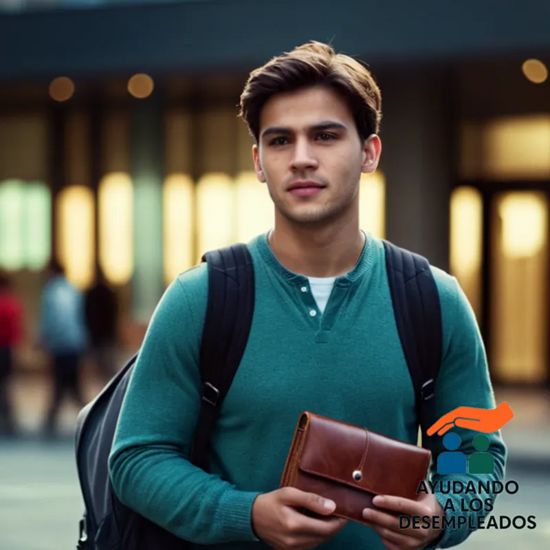a young adult, likely in their early twenties, standing in front of a city background, with a look of concern on their face as they hold a worn-out wallet, wearing casual clothes and a backpack, implying a real-world financial struggle amidst urban settings.