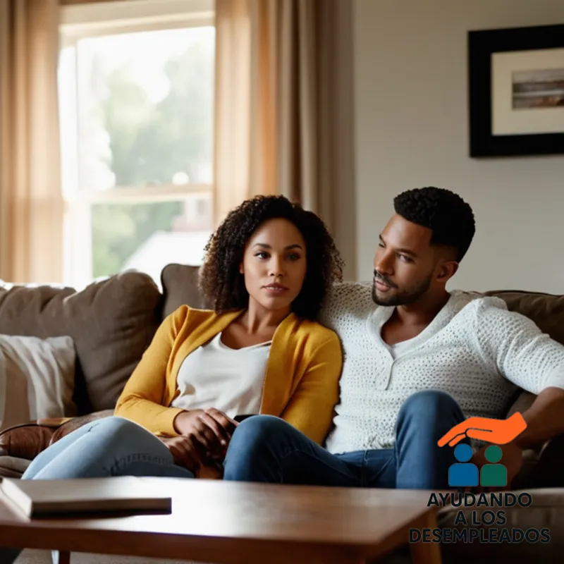 A warm but somber living room with a young couple sitting on a worn couch in front of a modest home's interior wall, with a stack of unpaid utility bills and loan documents on the coffee table alongside a few family photos, set against a blurred but real suburban neighborhood in the background.