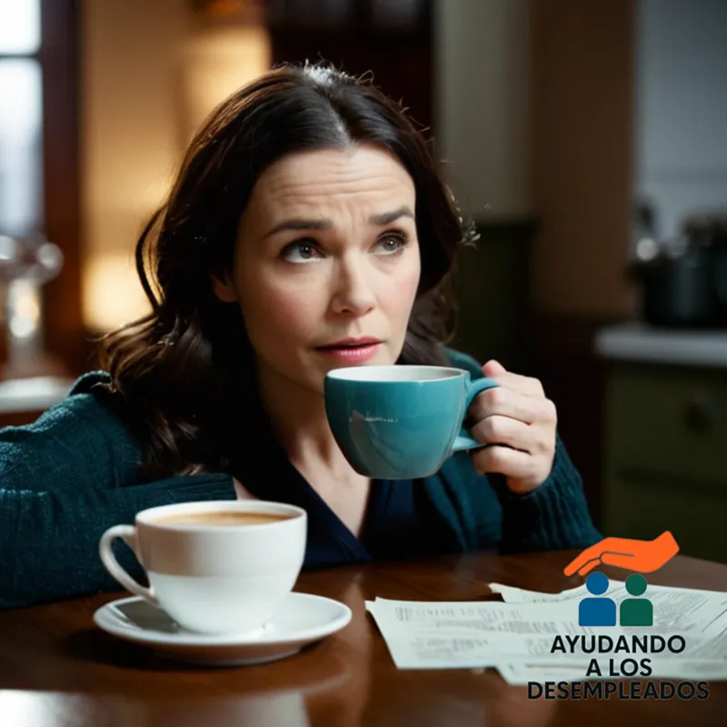 A concerned-looking young woman in her mid-30s with dark hair and worried expression, holding a cup of coffee while seated at a cluttered kitchen table with unpaid bills and job rejection letters scattered among stacks of financial documents, under a dimly lit LED light.