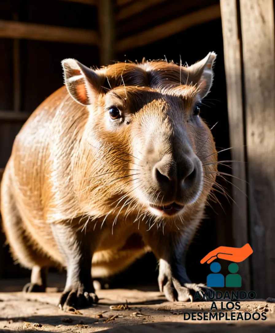 a Paraguayan capybara (Hydrochoerus isothenius) in its natural habitat, posing patiently next to a worn wooden shed's foundation, its whiskers twitching as it gazes upwards at a distressed-looking landlord standing behind a makeshift table holding an unopened folder with the rent agreement and
