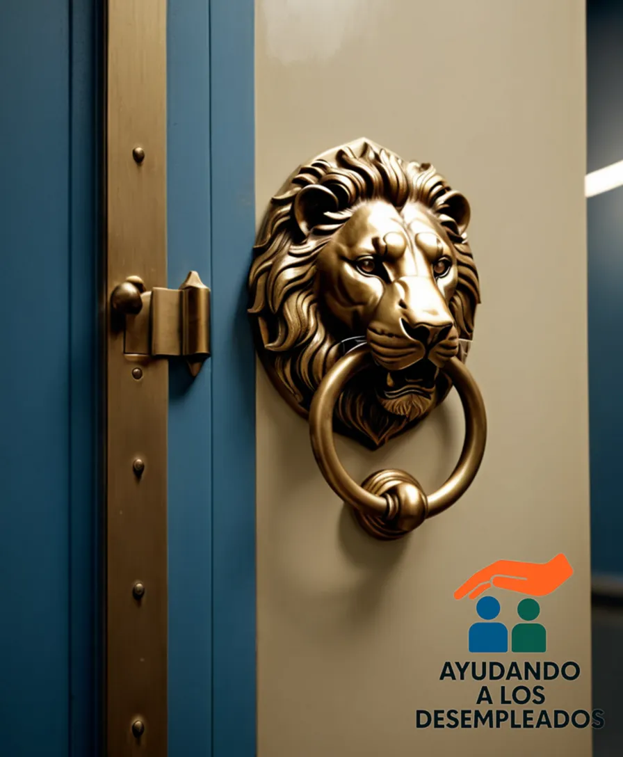 a worn, beige-colored door with a metal door knocker in the shape of a lion's head in the center, set against a faded blue background, with a cluttered, dimly lit office space visible in the reflection on the door glass.