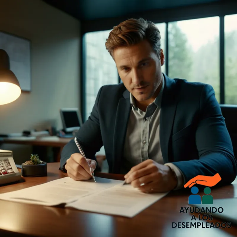 A person seated at a cluttered desk, surrounded by papers and pens, holding a tablet computer displaying a lease agreement, while looking focused and determined, with a temporary work contract and a calculator visible in the background.