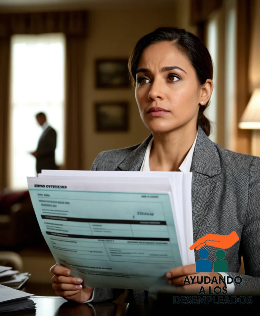 A distraught homeowner sitting in front of a cluttered living room window, surrounded by unpaid bills and loan documents, gazing at a large foreclosure notice taped to the window, as a bank officer stands patiently behind, holding a folder labeled 'Paro Hipotecario'.