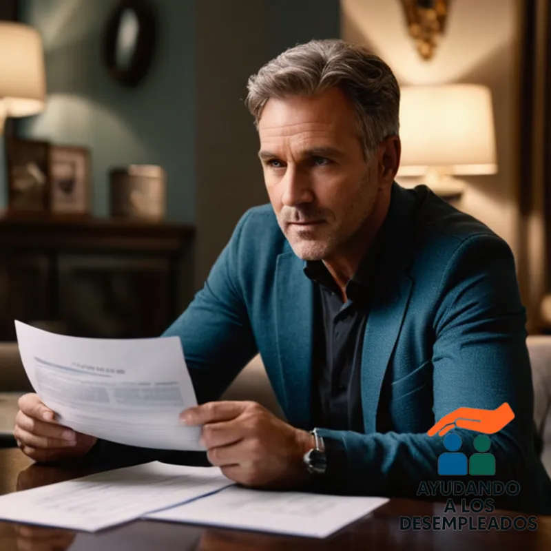 a middle-aged man sitting in his dimly lit living room, surrounded by papers, laptop screens, and bank statements on a cluttered coffee table, with a clear view of the wall displaying a notice of foreclosure next to an official-looking letter from a hipotecario institution.
