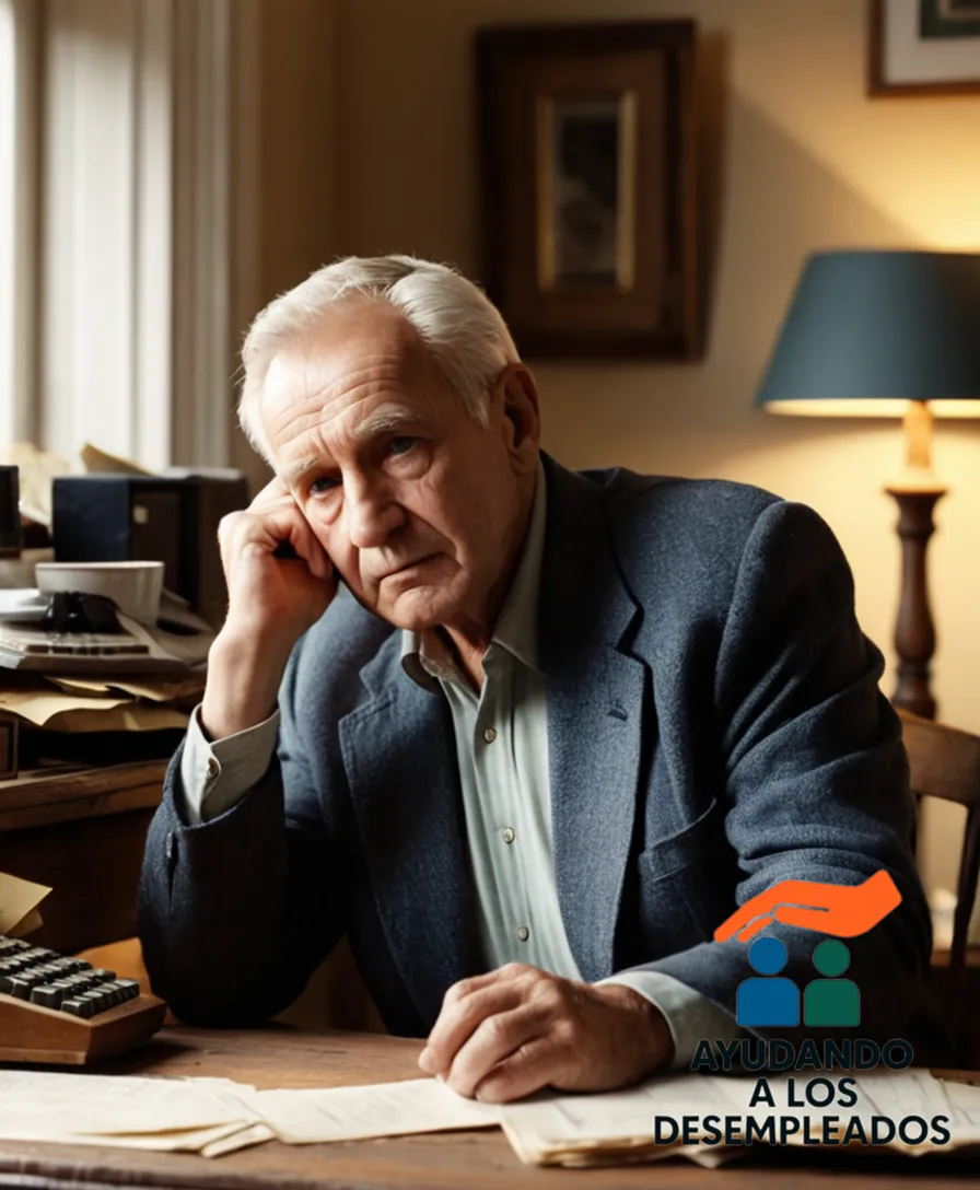 a tired elderly man sitting at a cluttered wooden desk in front of an old computer, surrounded by unpaid bills and financial papers, staring out the window of a small, modestly furnished apartment with worn-out furniture, emphasizing his situation of debt.