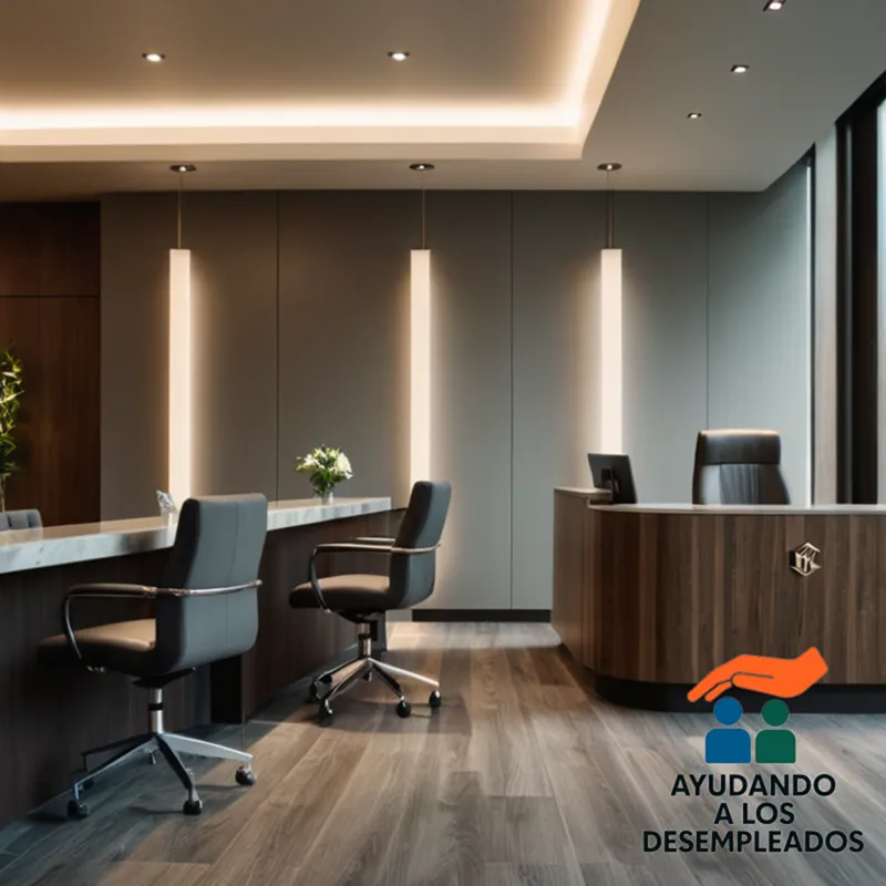 A neutral-colored, corporate-style bank interior dominated by a medium-gray wall with a prominent bank logo in the center, featuring a faintly lit wooden reception desk and a few ergonomic chairs arranged neatly in the background.