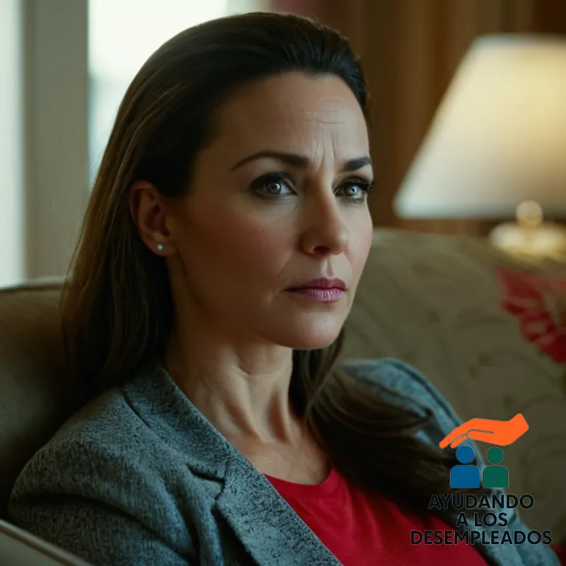 a woman in her mid-30s, sitting on a worn-out couch in a humble living room, surrounded by unpaid bills and foreclosure notices, staring at a laptop displaying a real estate website on its screen, with a faint expression of concern and desperation on her face.