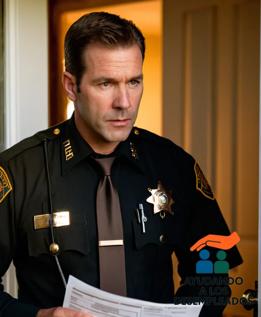 a worried homeowner standing in front of their suburban home's front door, holding a stack of unpaid bank statements and papers while looking through a window at a sheriff's deputy standing in front of a foreclosure notice nailed to the door, in a warm yet ominous natural light.