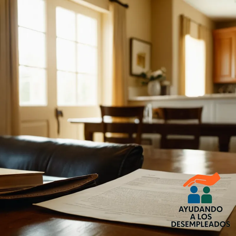 A worn, leather-bound mortgage document on top of a formal dining room table in a beige-colored living room, next to a plain white kitchen sink, conveying a sense of urgency and foreclosure uncertainty surrounding a bank home's ownership.