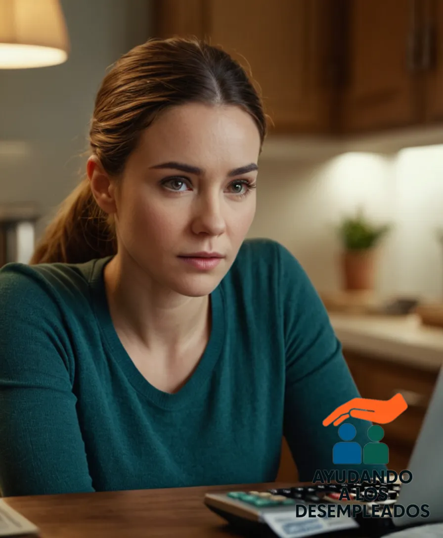 A weary-looking young woman sitting at her kitchen table, surrounded by unpaid bills, credit cards, and financial statements, staring down at a calculator in front of her, beside her laptop displaying an online platform for unemployment benefits and loan restructuring options.