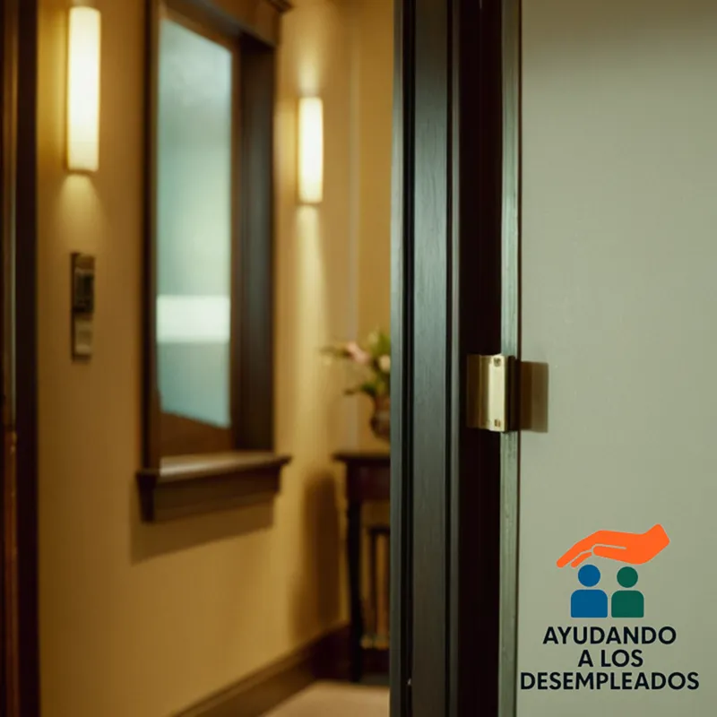 a dimly lit hallway, with worn, cream-colored walls and a faded, off-white carpet, leading to a foreclosure notice pinned to a door with yellowed tape; a prominent display case in the corner holds a few scattered bank statements and unpaid bill notices.