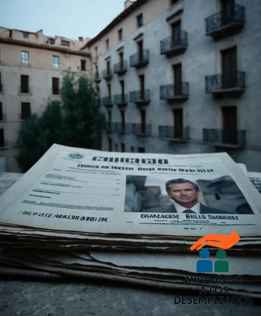 a worn and faded Spanish-style stone façade of an old apartment building set against a muted sky with faint reminders of urban decay, while a lone figure in the foreground holds a financial folder containing mortgage documents amidst a cluttered background of bills and expired subsidies.