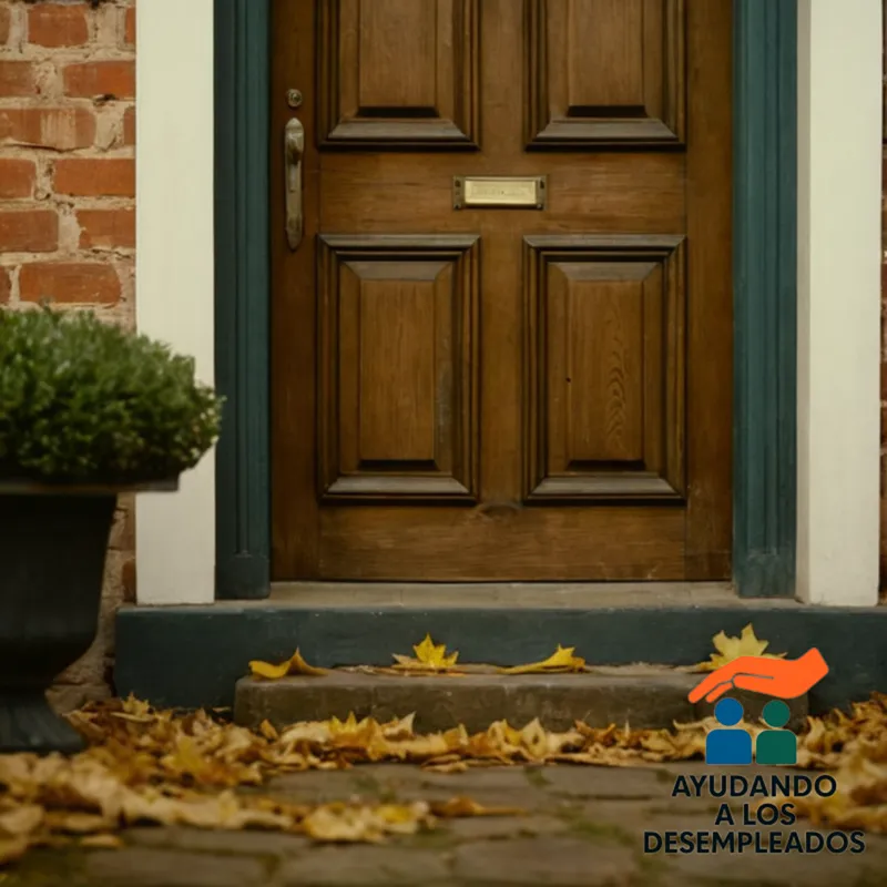 A worn-out wooden front door of an old, modest house, slightly ajar, with a faded notice pinned to it, reading