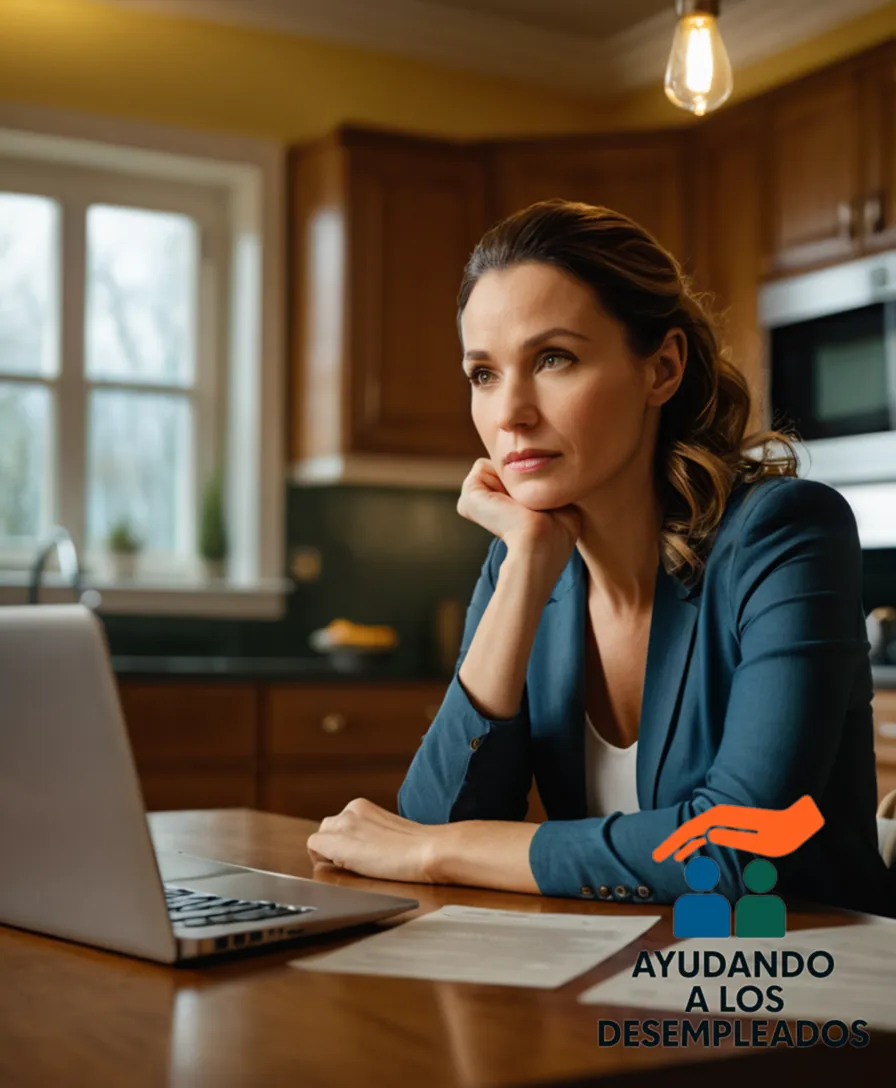 A solemn-looking woman in her mid-30s, sitting at a cluttered kitchen table, surrounded by unpaid bills and financial documents, staring intensely at a mortgage contract on a laptop screen, with a faint feeling of desperation reflected in the dim yellow lighting of a modest, yet worn-out home.