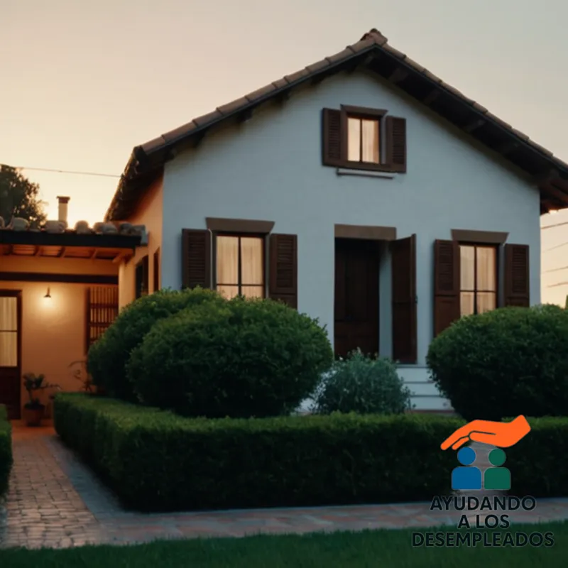 a humble residential façade at sunset, featuring a small, well-maintained house with terra cotta tiles, wooden shutters, and a neatly trimmed garden, amidst a row of modest homes in a working-class neighborhood, conveying a sense of stability and community.