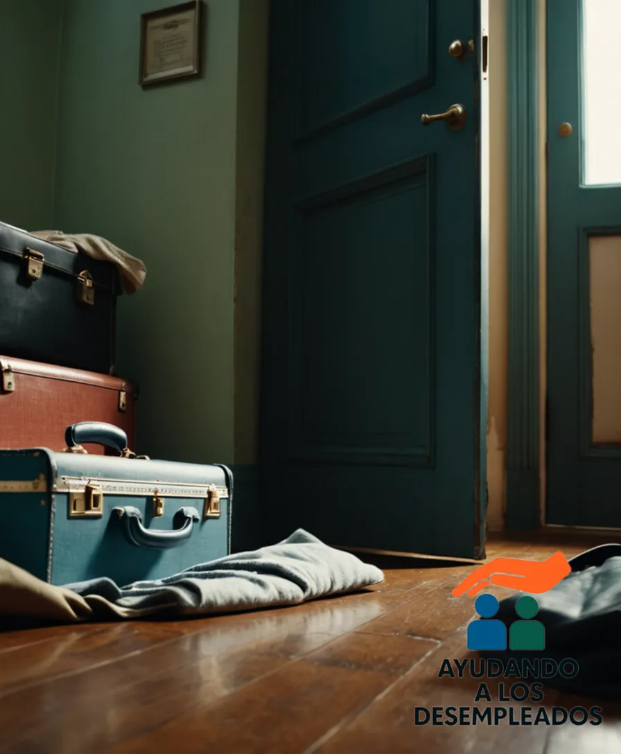 a desocupado standing in front of a small, cluttered apartment door, with a suitcase partially open on the floor next to him, containing a few scattered work clothes and a worn-out resume in mid-view, contrasting with the worn-down furniture and peeling paint of the apartment.