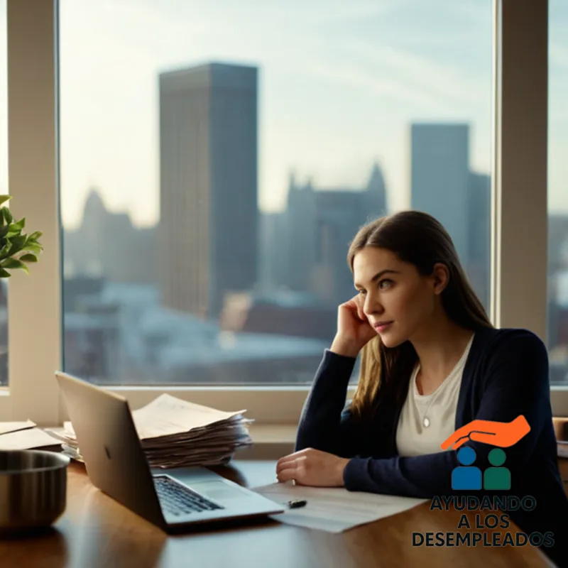 A solemn-looking young adult, sitting at a kitchen table with a laptop in front of them, surrounded by stacks of bills and documents, with a government housing loan pamphlet open on top, while a faded cityscape through a window hints at the struggles they face as a unemployed individual.