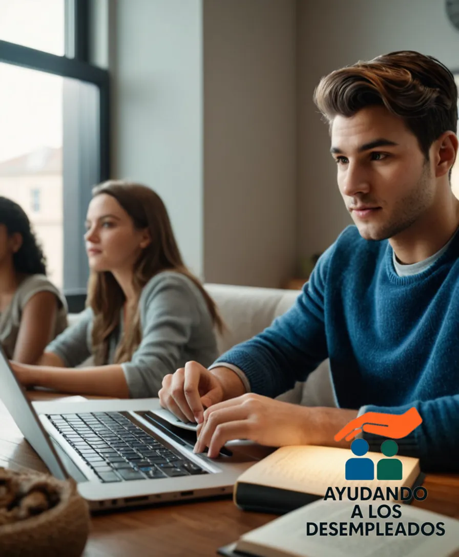 A cozy living room in an apartment shared by students, featuring a worn-out plush sofa, a compact kitchenette with laminate countertops, and several young adults studying or relaxing on laptops and books, amidst neutral-toned walls and soft natural light filtering through the window.