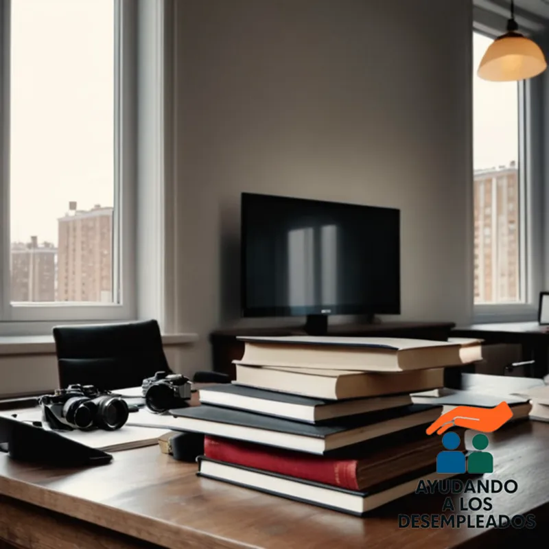 A small, clutter-free room in a piso compartido with white walls, dark hardwood floor, and large windows allowing sunlight to illuminate a messy desk with scattered books and laptops, surrounded by tall apartment building walls and balconies outside.