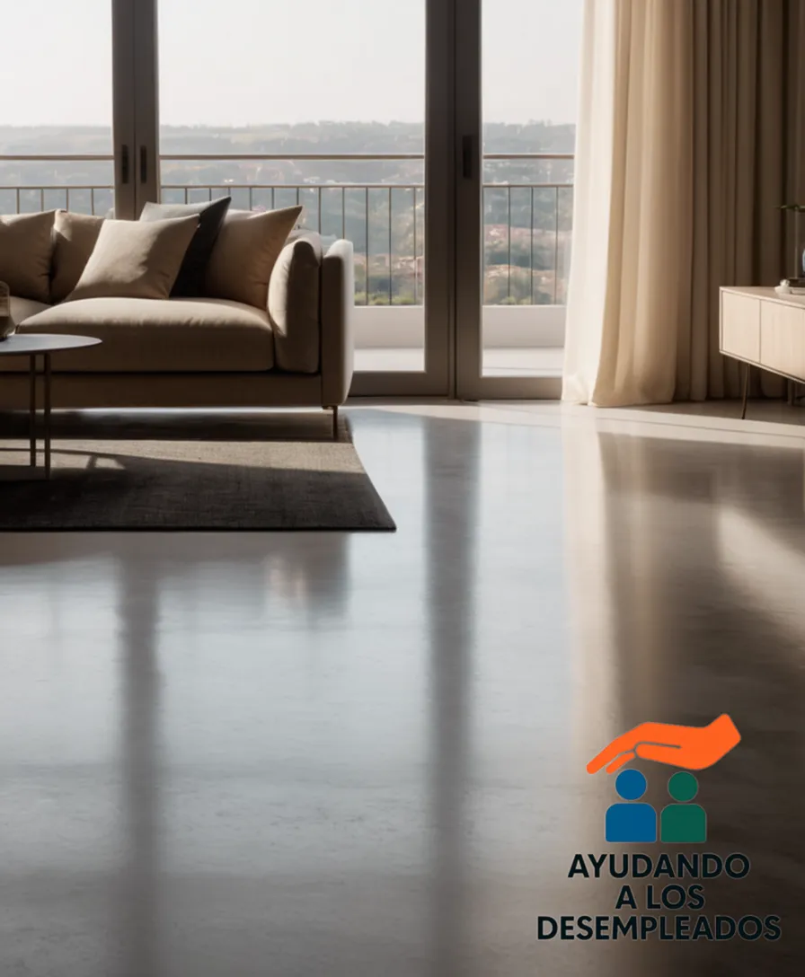A minimalist furnished apartment, lit by soft morning sunlight filtering through sheer curtains, its spacious living room featuring a beige-coloured piso (a type of smooth concrete flooring) as the central focus, exuding a sense of serene calm and tranquility.