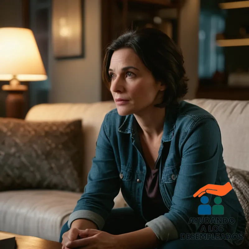 A photograph of a concerned-looking woman in her mid-30s, with dark hair and worn-out clothing, sitting on a couch in a small but cozy living room of a shared apartment, amidst stacks of bills and job searching documents spread out around her.
