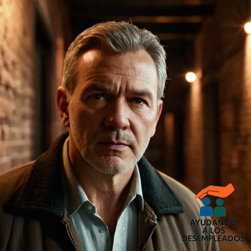 A worn, older model of Hogar standing alone in a dimly lit alleyway with peeling wallpaper, exposed brick walls, and trash scattered around him, conveying a sense of desperation and struggle amidst economic hardship.