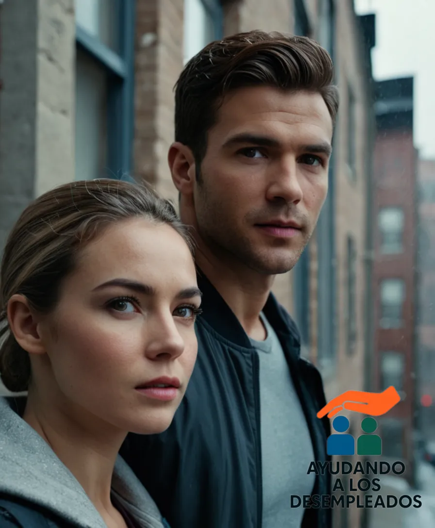 A young couple standing in front of a worn-out apartment building with cracked walls and faded signage, amidst a drizzly gray cityscape, conveying the sense of economic uncertainty and anxiety that comes with facing eviction due to non-payment.