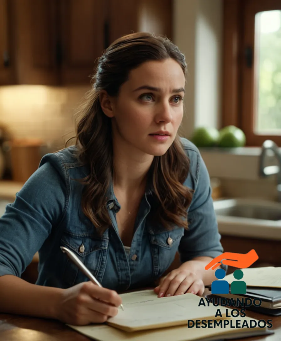 A young woman in her mid-twenties, sitting at a cluttered kitchen table, surrounded by unpaid bills and financial documents, staring intensely at a worn notebook where she's tracking her expenses, with a look of determined focus on her face.